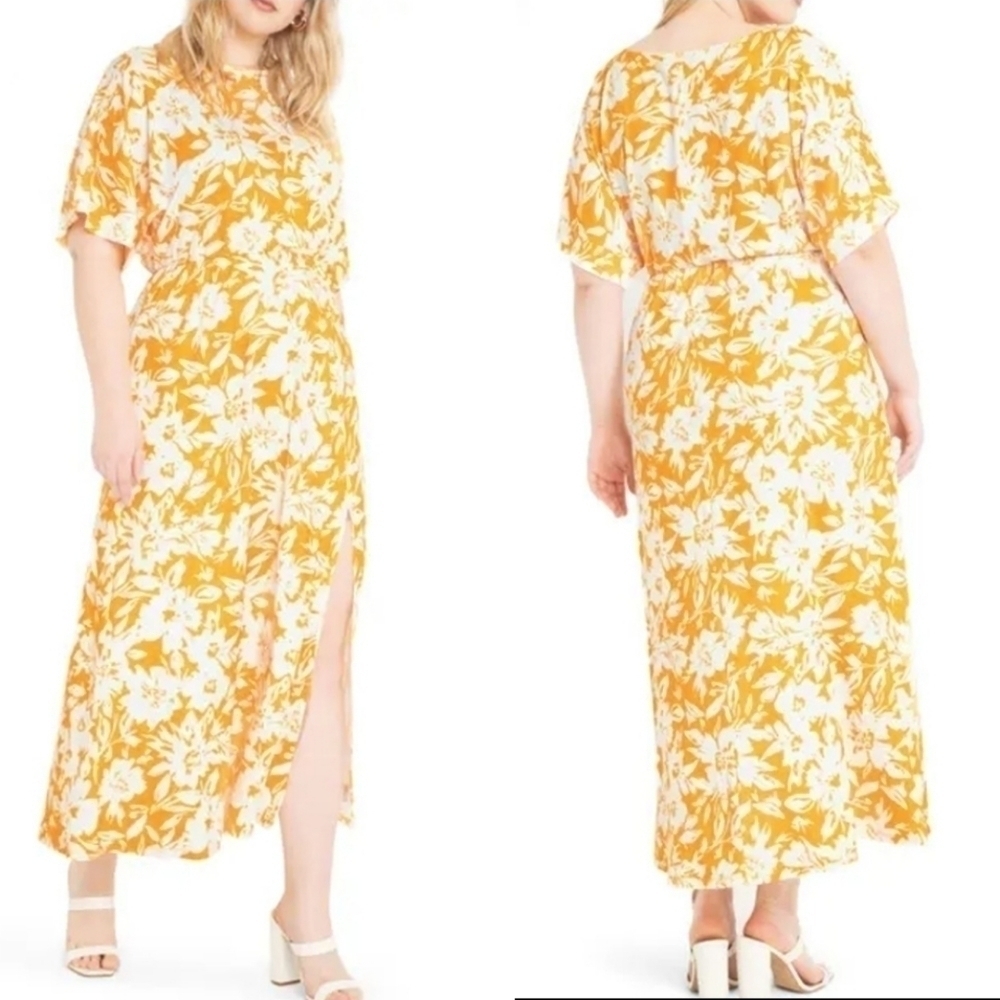 Eloquii Yellow And White Floral Maxi Dress With Elastic Waist Front Slit Size 16